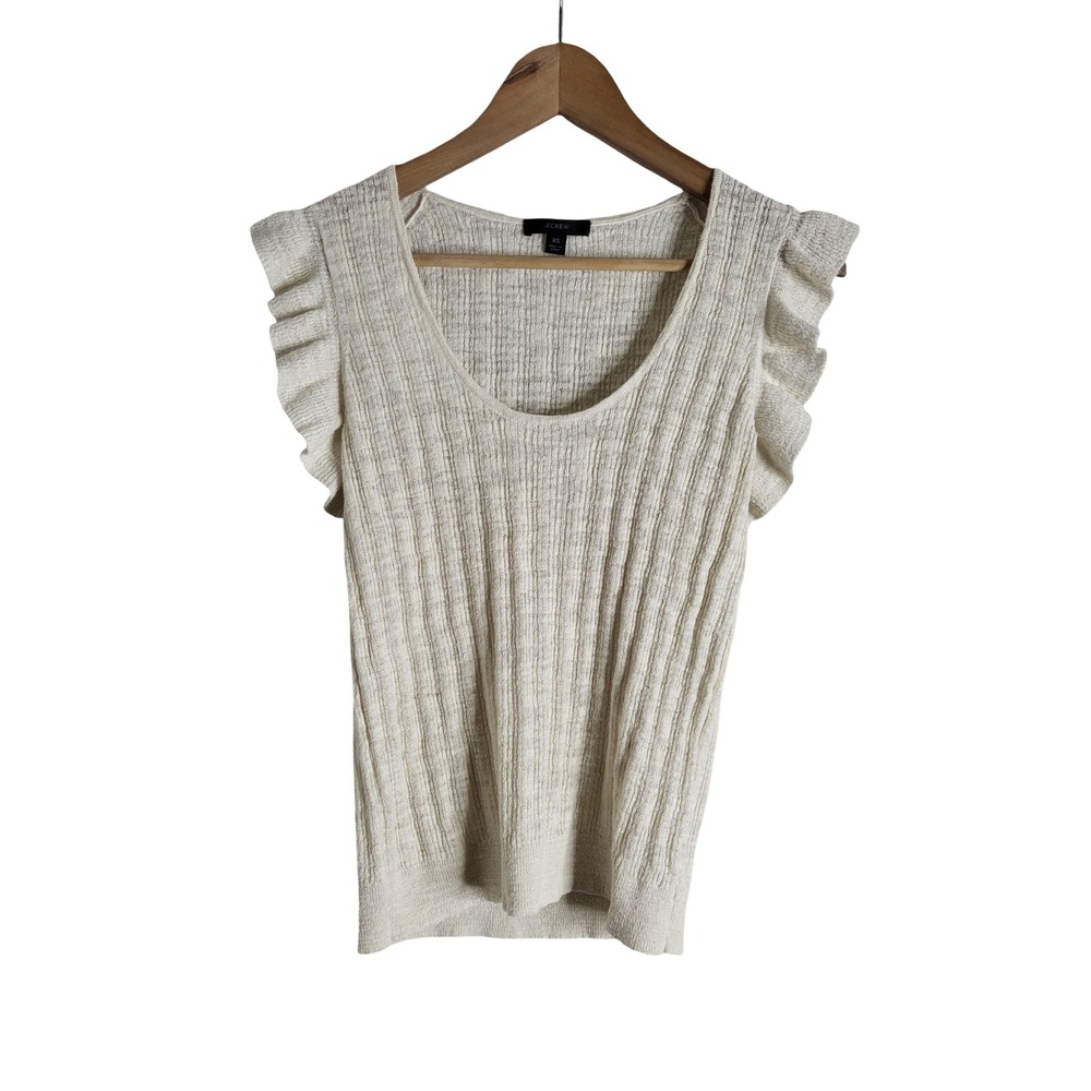 J.Crew Womens XS Ivory Linen Blend Ruffle Cap Sleeve Ribbed Knit Top Romantic